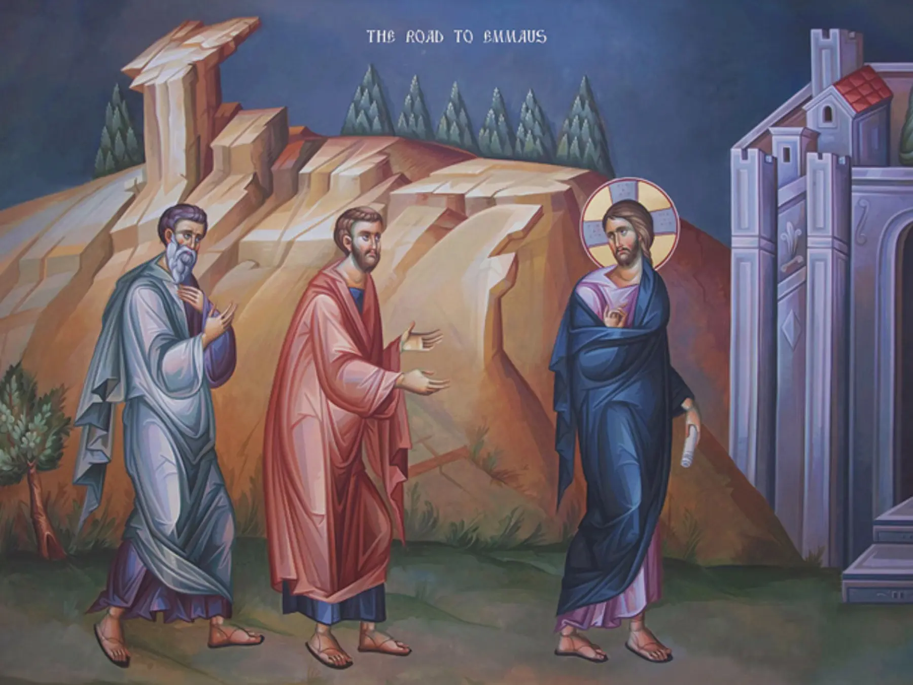 An Orthodox icon of the Road to Emmaus depicts the risen Christ walking with the disciples Luke and Cleopas.