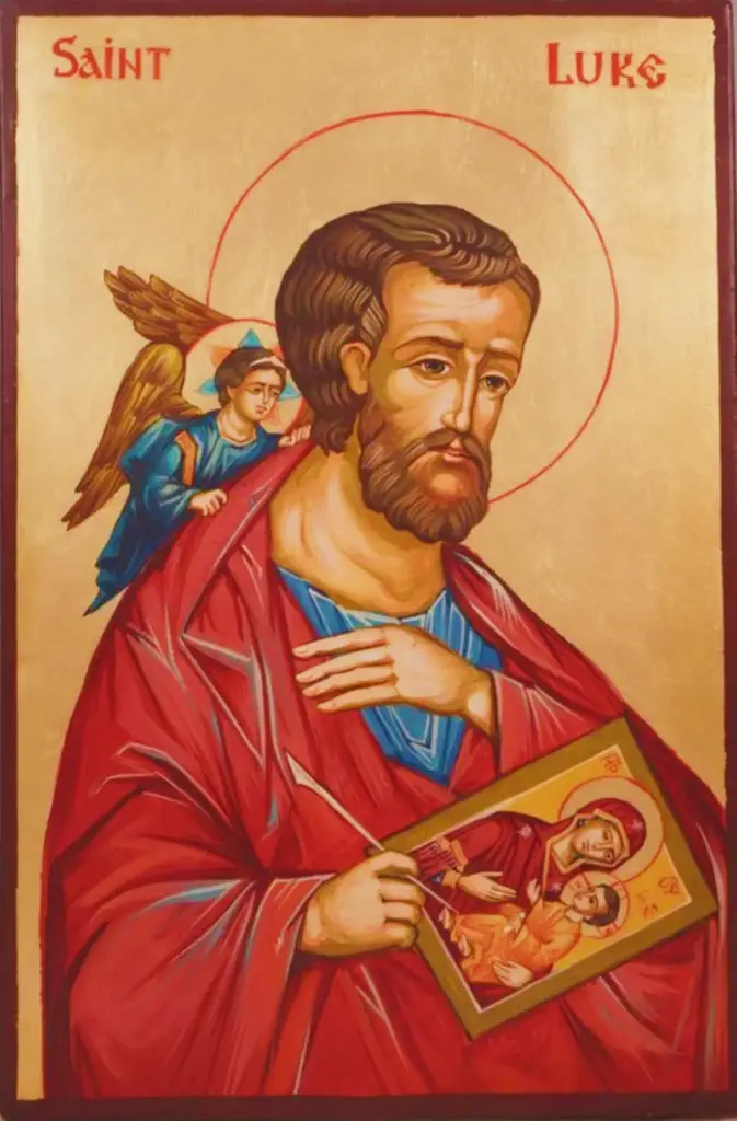 Orthodox icon of Saint Luke the Evangelist painting an icon of the Virgin Mary and Christ Child.