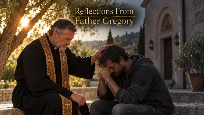 A priest offering prayer and pastoral care to a man outside a church.