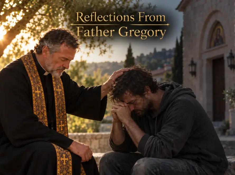 A priest offering prayer and pastoral care to a man outside a church.