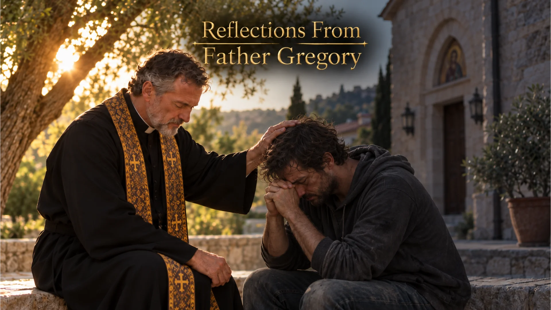 A priest offering prayer and pastoral care to a man outside a church.