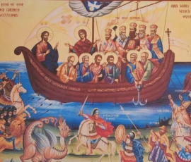 An icon depicting Jesus, his mother, and the Holy Fathers of the church on a boat in the water. Surrounding them on the land are people who depict sins and violence. The icon represents the Orthodox Church and the evil and sin it fights.